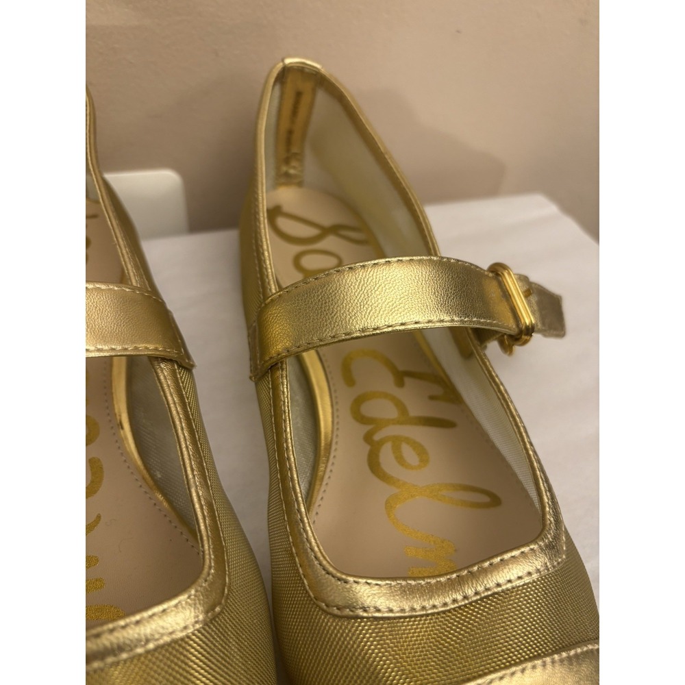 Size 8.5- Sam Edelman Gold Mesh Square Toe Mary Jane Flats Buckle Strap - Picture 6 of 7